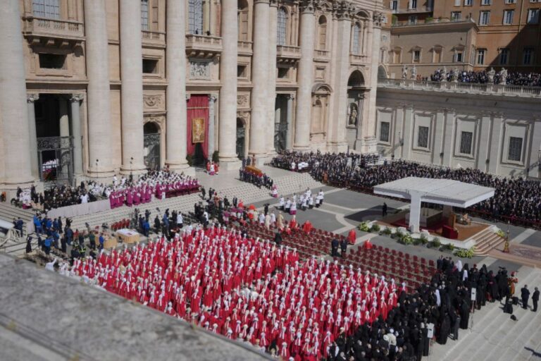 The coffin of Pope Francis is carried into St Peter's Square for his funeral, at the Vatican, Saturday, April 26, 2025. (AP Photo/Markus Schreiber)