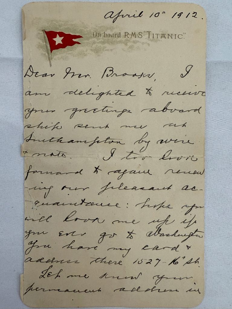 This undated handout picture provided by the auctioneers Henry Aldridge & Son, England, shows a lettercard, penned by one of the Titanic's most well-known survivors from onboard the ship days before it sank, which has sold for 300,000 pounds ($399,000) at auction. (Henry Aldridge & Son via AP)