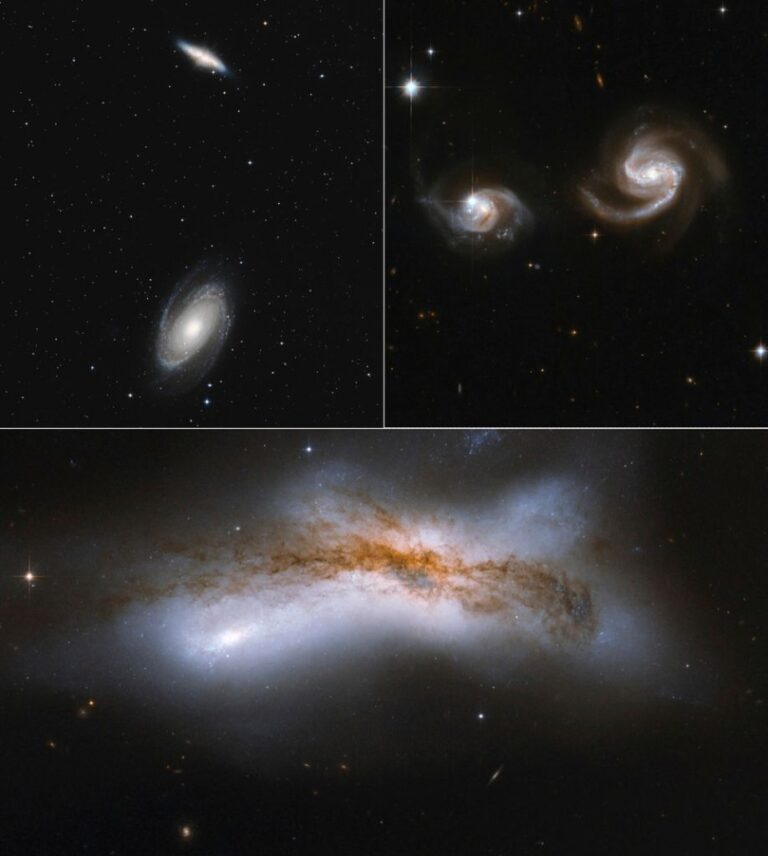 In this combination of images from NASA/ESA shows three future scenarios for Milky Way & Andromeda encounter. Top left: Galaxies bypass at 1 million light-year separation. Top right: At 500,000 light-years, dark matter provides friction that brings galaxies to a close encounter. Bottom: A 100,000 light-year separation leads to a collision. (NASA/ESA via AP)
