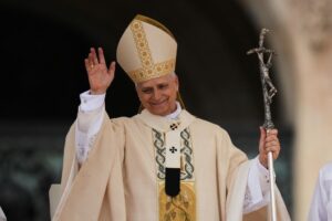 Pope Leo XIV holds Mass during the formal inauguration of his pontificate in St. Peter's Square attended by heads of state, royalty and ordinary faithful, Sunday, May 18, 2025. (AP Photo/Alessandra Tarantino)