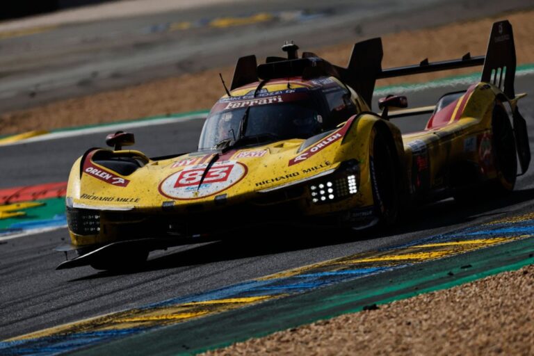 AF Corse car (starting no. 83) a Ferrari 499P with Robert Kubica of Poland, Yifei Ye of China and Phil Hanson of Great Britain takes a curve during the 24-hour Le Mans endurance race, Sunday June 15, 2025 in Le Mans, western France. (AP Photo/Jeremias Gonzalez)