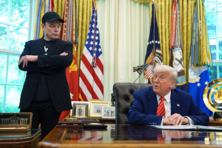 FILE - President Donald Trump, right, speaks during a news conference with Elon Musk in the Oval Office of the White House, Friday, May 30, 2025, in Washington. (AP Photo/Evan Vucci, File)