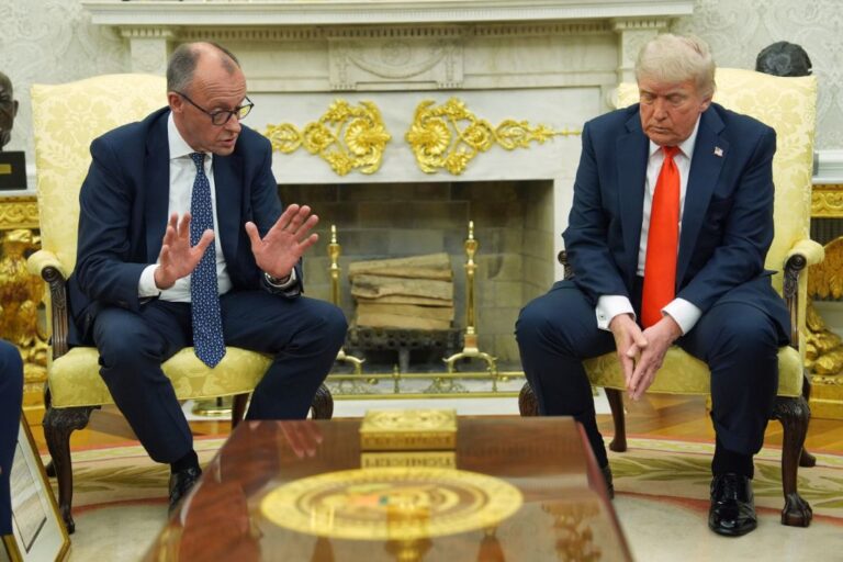 President Donald Trump, right, meets Germany's Chancellor Friedrich Merz in the Oval Office of the White House, Thursday, June 5, 2025, in Washington. (AP Photo/Evan Vucci)
